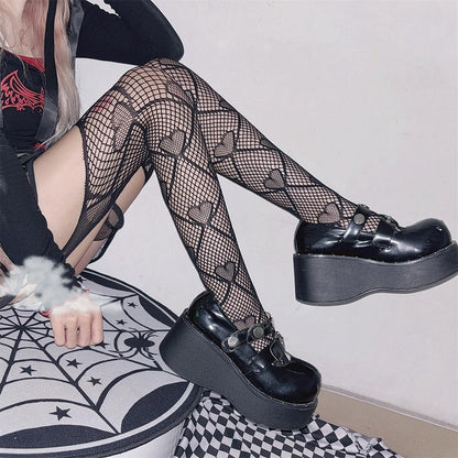 Black/Red Heart Print Punk Fishnet Tights