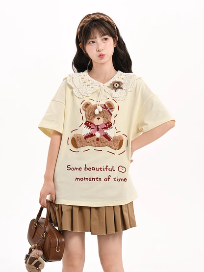 Plush Bear Embroidery Apricot Round Neck Loose Cotton T-shirt