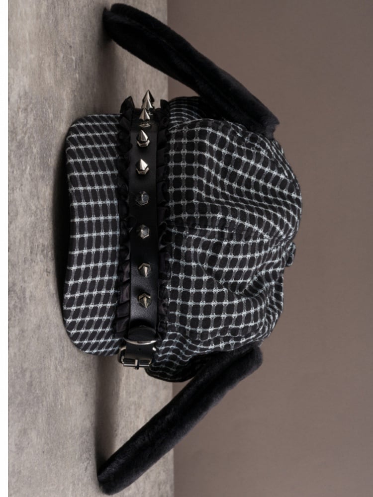 Black Gothic Studs Decorated Buckle Design Plush Puppy Ear Beret Hat