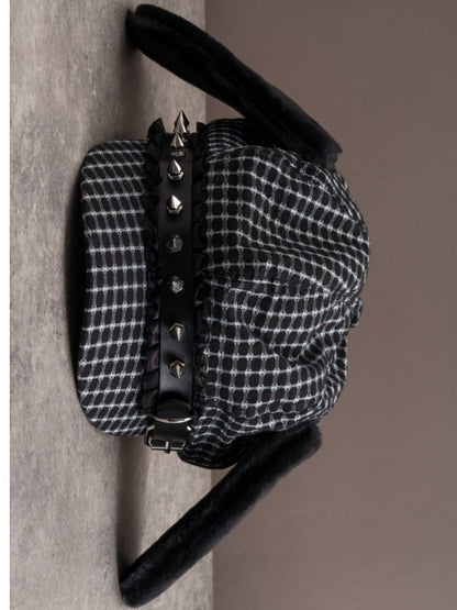 Black Gothic Studs Decorated Buckle Design Plush Puppy Ear Beret Hat