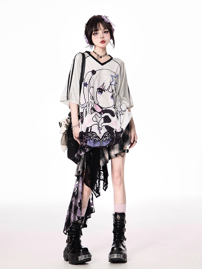 Vintage Cartoon Girl Print Black/Blue/Purple V-neck Loose T-shirt