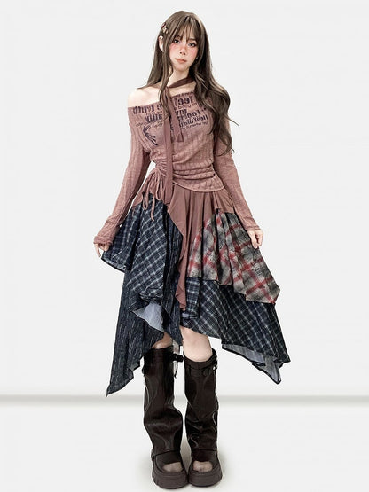 Dark Gray Plaid Pattern Handkerchief Hem Skirt