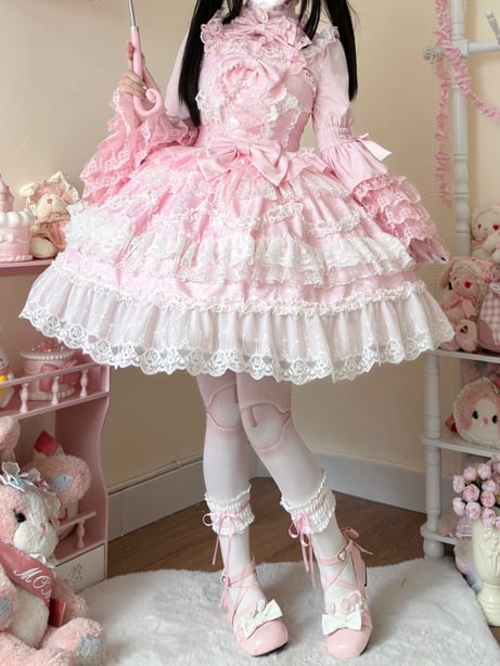 White Lace Trims Pink Bows Decorated Hanayome Dress Lolita Jumper Skirt
