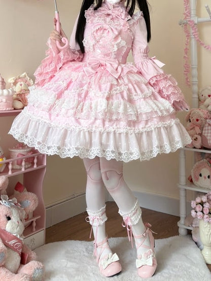 White Lace Trims Pink Bows Decorated Hanayome Dress Lolita Jumper Skirt