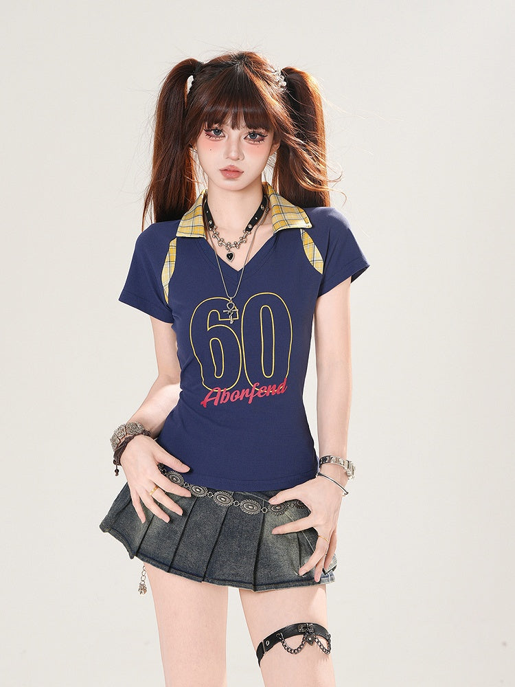 Plaid Polo Collar Number Print Black/Navy Blue Slim-fitting T-shirt