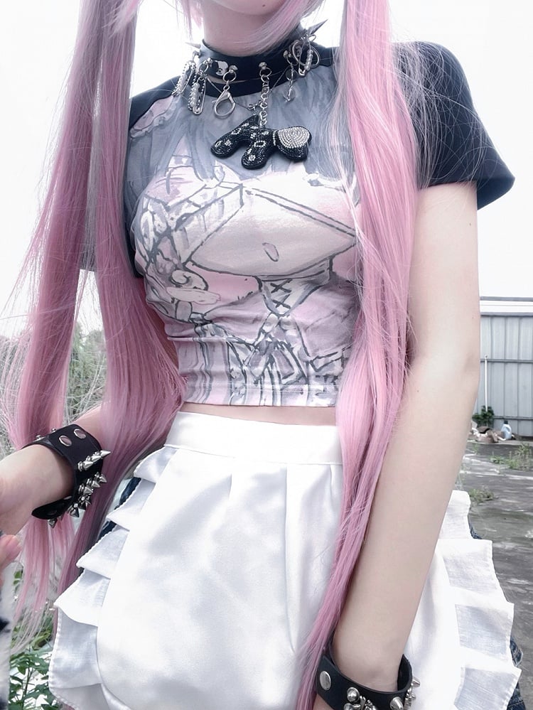 Black Cartoon Girl Print Graphic T-shirt