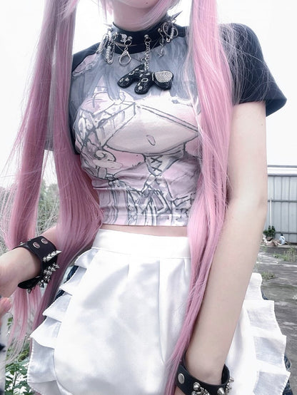 Black Cartoon Girl Print Graphic T-shirt