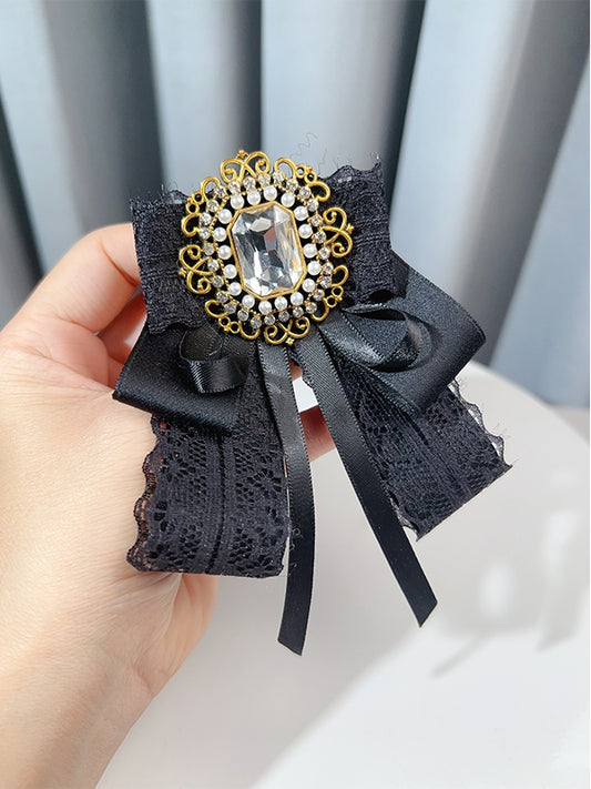 Black/White Rhinestone And Beaded Decorated Bow Tie