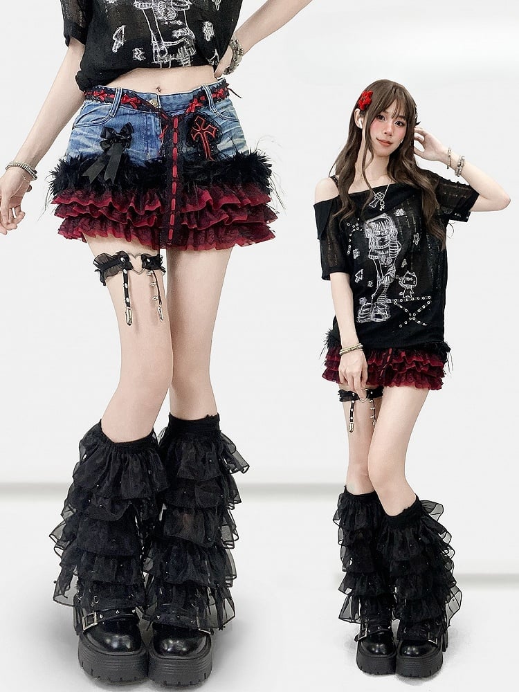 Blue Y2K Contrast Lace Patches Tiered Skirt