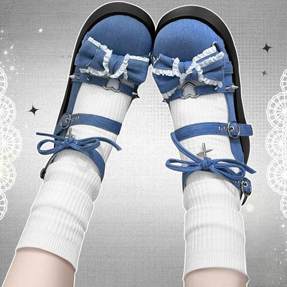 Spike Studs Bow Accents Blue Cross Gothic Platforms Punk Shoes