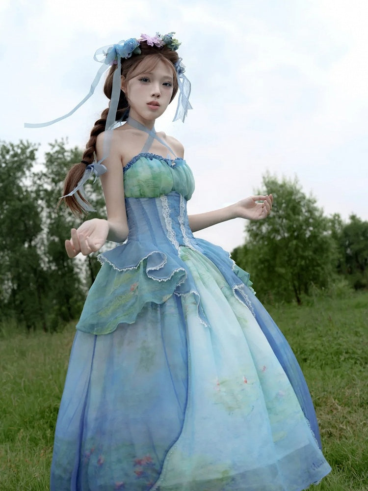 Sky Blue Fairy Oil Painting Print Tiered Flounce Hem Halter Boned Corset Top