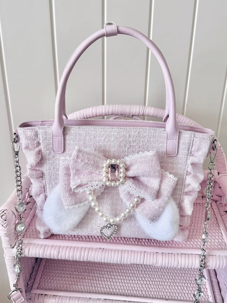 Pink Elegant Lolita Shoulder/Crossbody/Handbag - Plush Bunny Ear Bow, Rhinestone Heart & Beaded Chain Charm