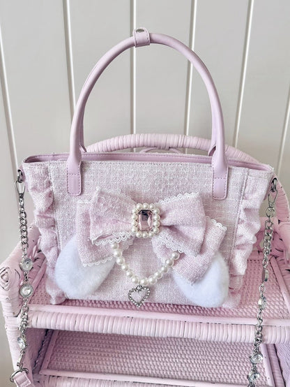 Pink Elegant Lolita Shoulder/Crossbody/Handbag - Plush Bunny Ear Bow, Rhinestone Heart & Beaded Chain Charm