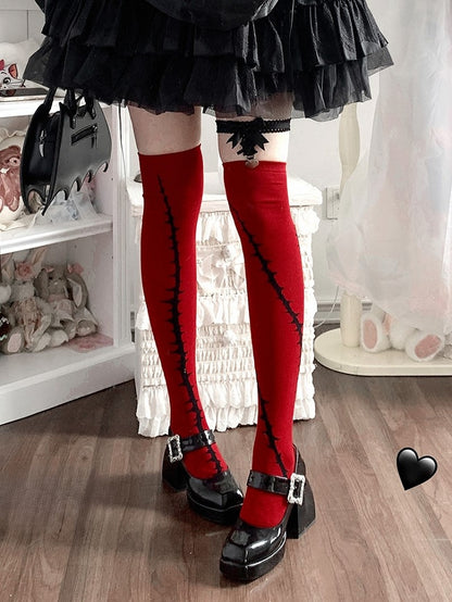Black Bramble Pattern Red Gothic Lolita Overknee Stockings