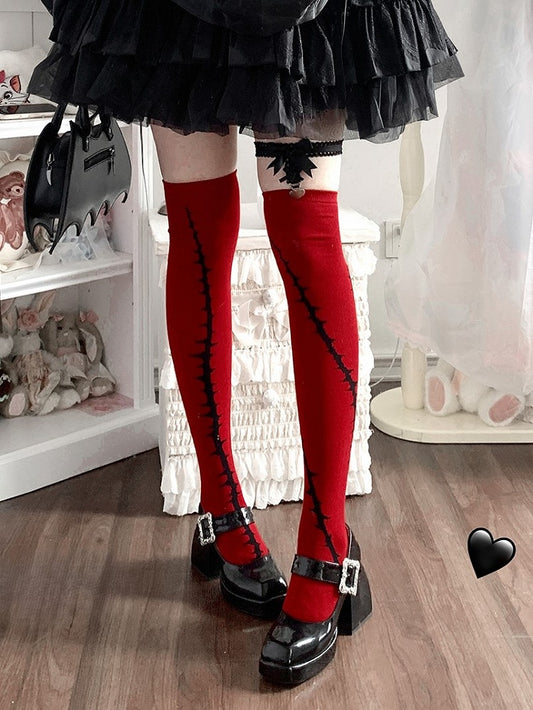 Black Bramble Pattern Red Gothic Lolita Overknee Stockings