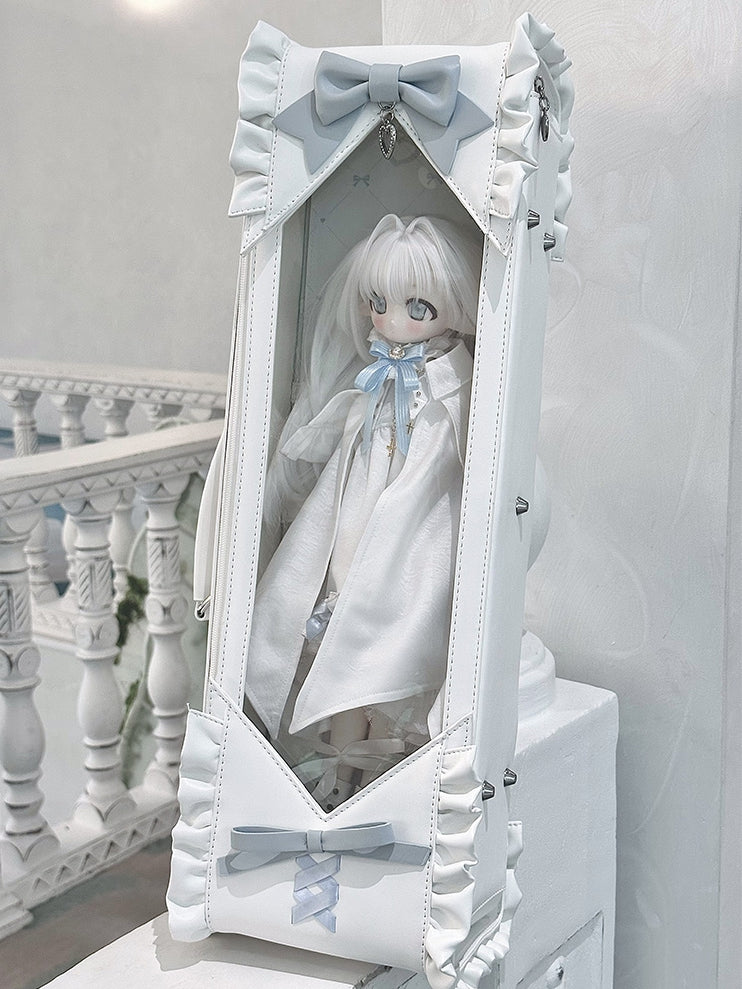 White&Blue Bowknot Details Diamond Pattern 1/4 Scale BJD Doll Bag with Two Straps
