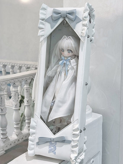 White&Blue Bowknot Details Diamond Pattern 1/4 Scale BJD Doll Bag with Two Straps