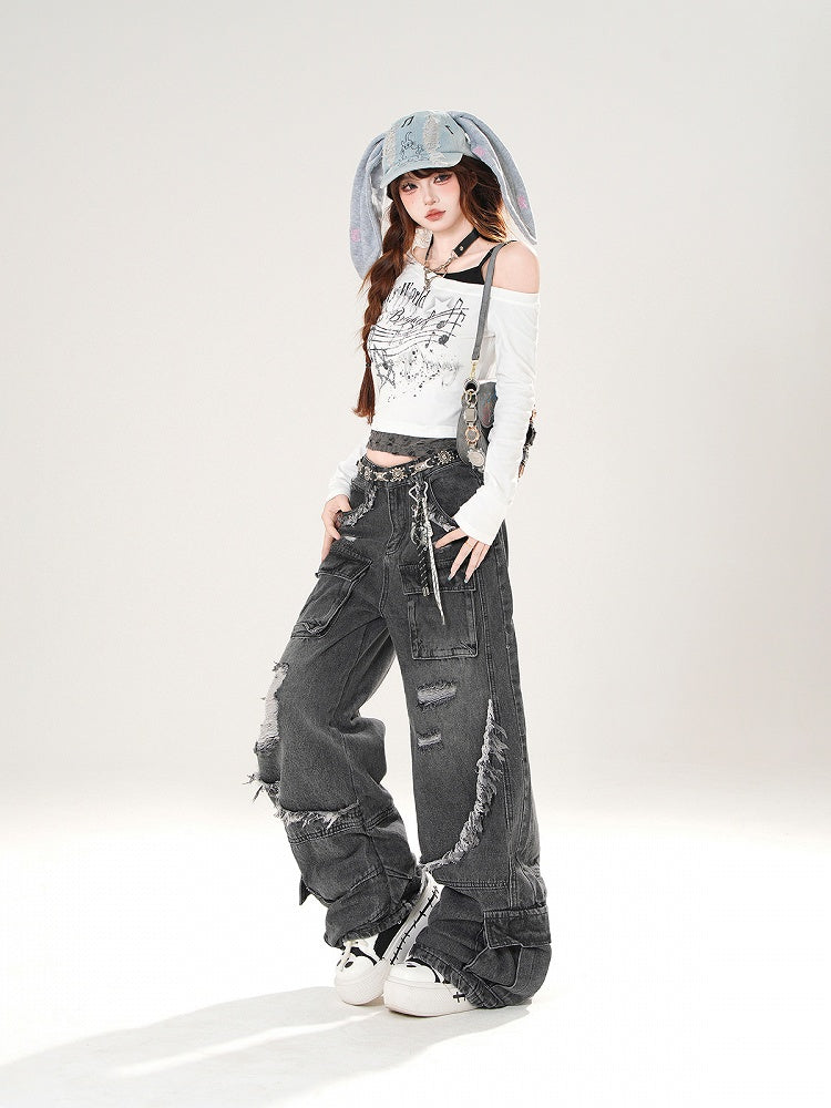 Black/White Asymmetrical Neckline Musical Note Print Distressed Holes Top