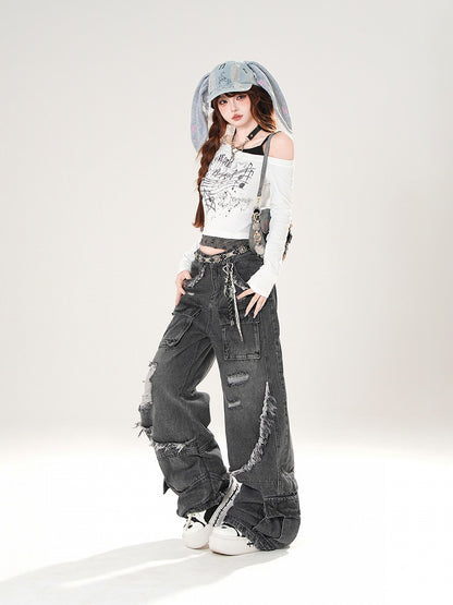 Black/White Asymmetrical Neckline Musical Note Print Distressed Holes Top