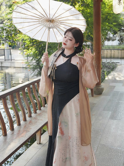 Plus Size Black and White Sleeveless Qipao Dress Side Slit