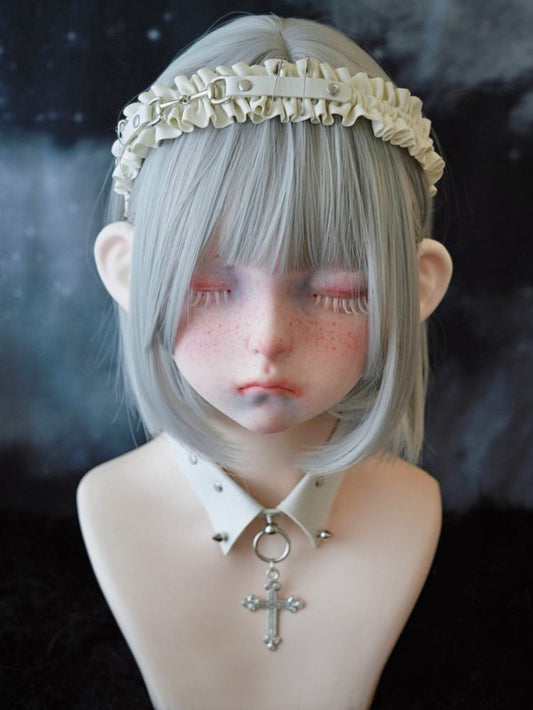 White Gothic Handmade Studs and Pins PU Ruffled KC