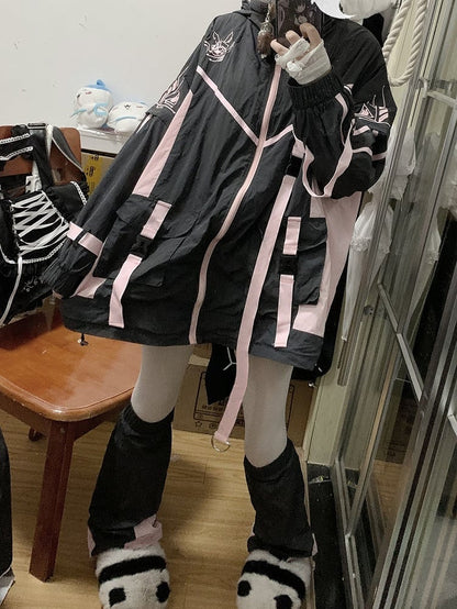 Black & Pink Bunny Ear Colorblock Design Jersey Maid Jirai Kei Hooded Jacket/Leg Warmers
