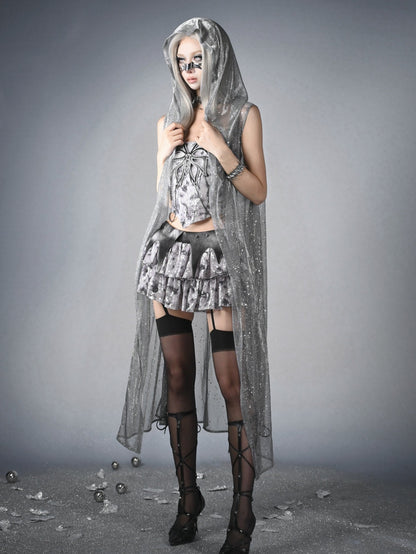Y3K Fashion Futuristic Silver Gray Low Waist Bat Wing Detail Waistband Sequins Tiered Cyberpunk Skirt