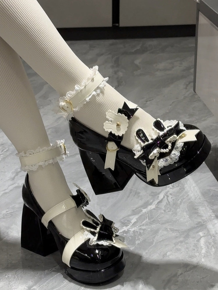 Polished Black Sweet Lolita Bunny Decorated Bowknot Details Lace Trim Platform High Block Heels
