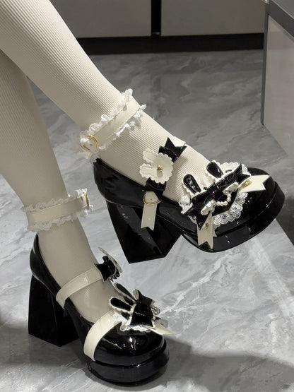 Polished Black Sweet Lolita Bunny Decorated Bowknot Details Lace Trim Platform High Block Heels