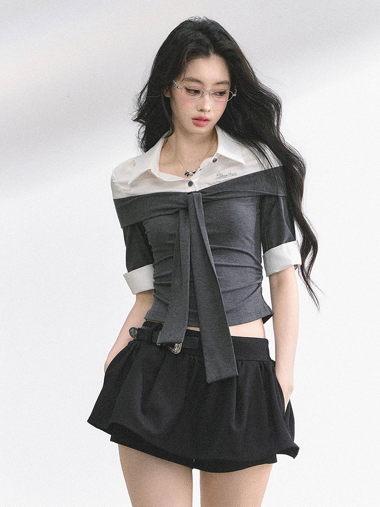 Gray and White Faux Two-pieces T-shirt Self-tie Straps at Neckline