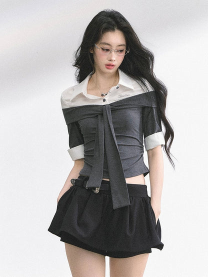 Gray and White Faux Two-pieces T-shirt Self-tie Straps at Neckline