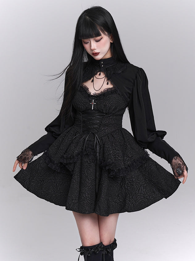 Black Sweetheart Neckline Lace-up Front Tiered Skirt Gothic Sleeveless Dress