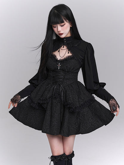 Black Sweetheart Neckline Lace-up Front Tiered Skirt Gothic Sleeveless Dress