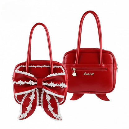 Red Square Lolita PU Shoulder Bag with Contrasting White Lace Trims and Front Statement Bow (3 Types of Lace)