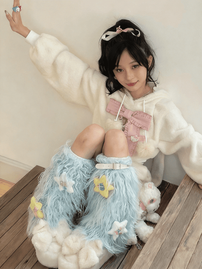 Pink/Blue Stars Decorated Plush Leg Warmers With Studded Garter