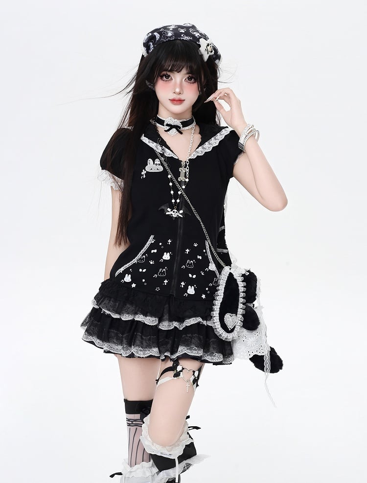 Bunny Ears Design Hood Lace Trim Black/White Jirai Kei Zip-up Jacket