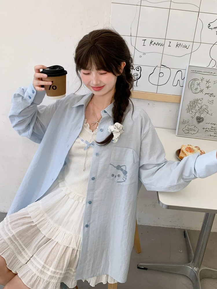 Kitty Embroidery on Pocket Kitty-shaped Cutout Detail Back Blue/Pink Loose Shirt