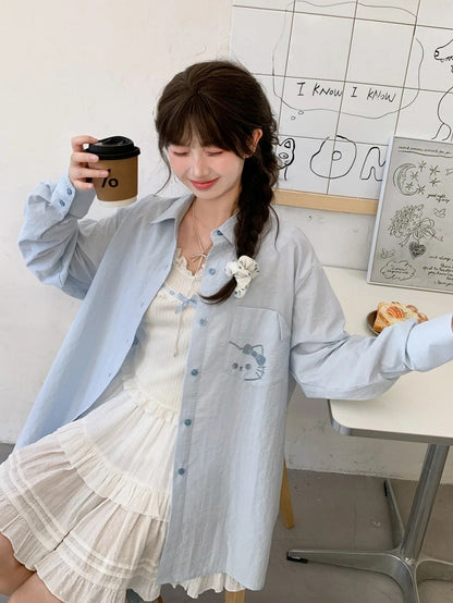 Kitty Embroidery on Pocket Kitty-shaped Cutout Detail Back Blue/Pink Loose Shirt