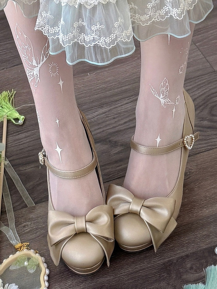 Crystal Heart Closure with Top Bow PU Golden Stilettos in Elegant Lolita