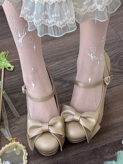 Crystal Heart Closure with Top Bow PU Golden Stilettos in Elegant Lolita