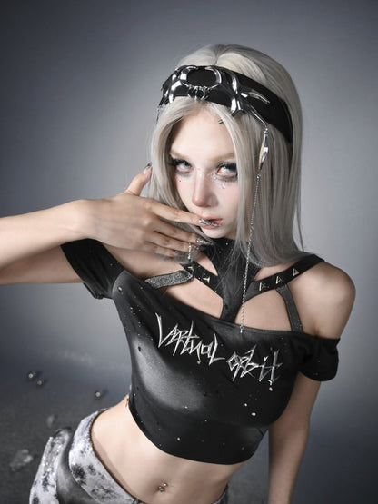 Y3K Fashion Futuristic Black Halter Neck Cyberpunk Cropped Top with Detachable Sleeves