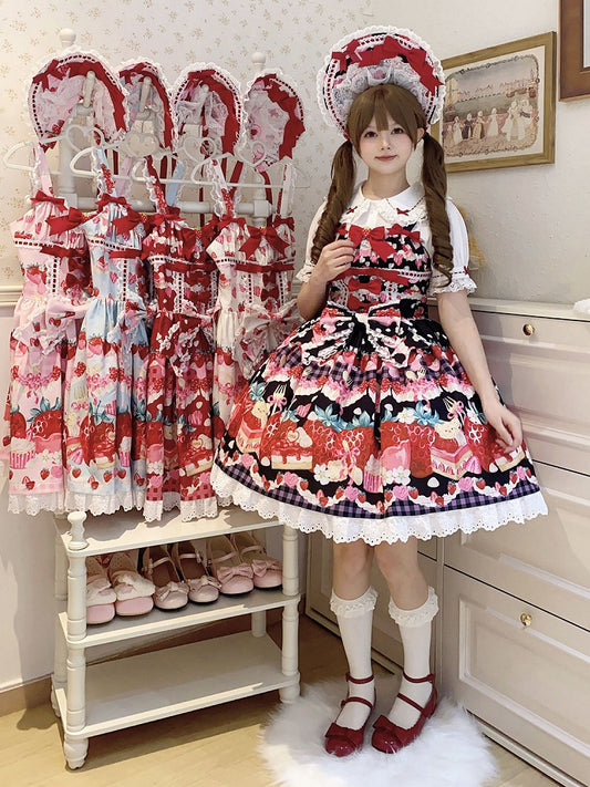 Strawberry and Dessert Print Black Sweet Lolita Dress