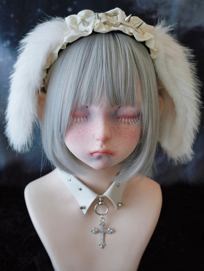 White Handmade Studs Detail Plush Bunny Ear Ruffled KC