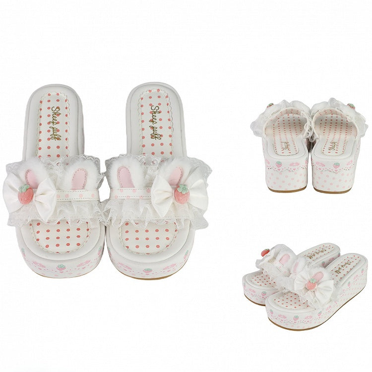 White Sweet Lolita Bow Accents Lace Trim Plush Bunny Ear Platform Slippers