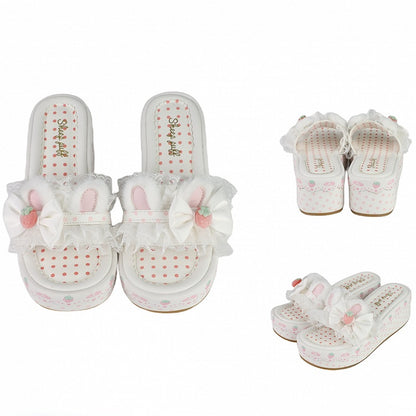 White Sweet Lolita Bow Accents Lace Trim Plush Bunny Ear Platform Slippers