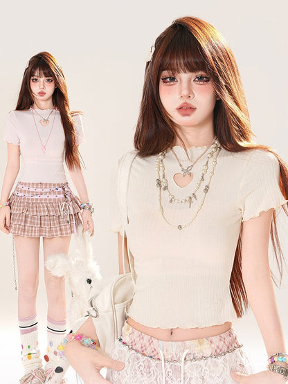 Pink/Apricot Crew Neck Heart-shaped Cutout Lettuce Hem T-shirt