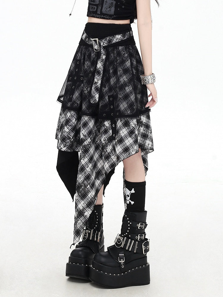 Black and White Plaid Handkerchief Hem Sleeveless Dress With Overlay Two Ways Wear