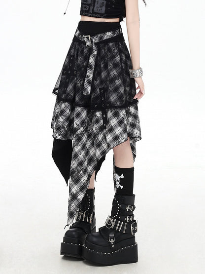 Black and White Plaid Handkerchief Hem Sleeveless Dress With Overlay Two Ways Wear