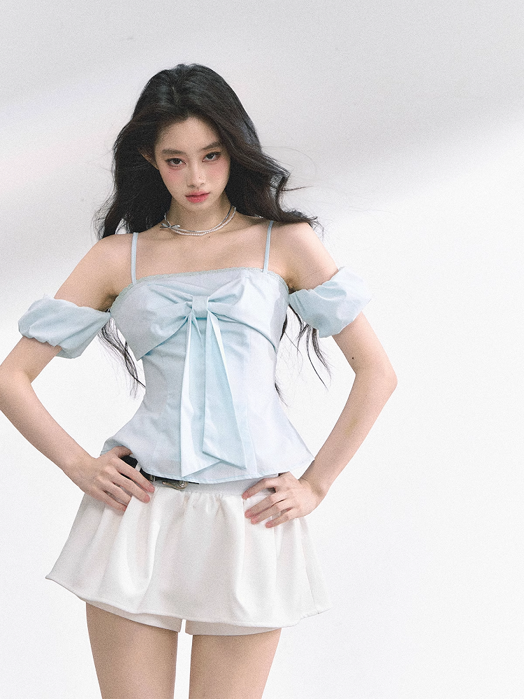 Big Bow Neckline White/Floral/Blue Off-the-shoulder Neckline Top