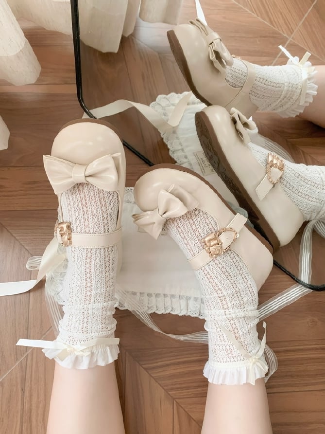 Beige Bow at Top Sweet Lolita Flats with Hugging Bear Heart Buckles